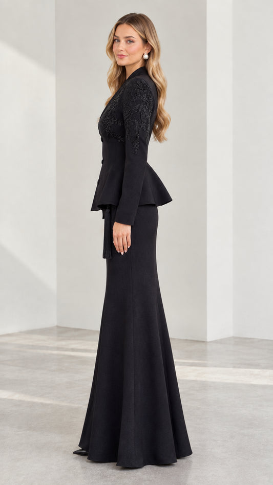 Side profile of black beaded two-piece formal skirt suit