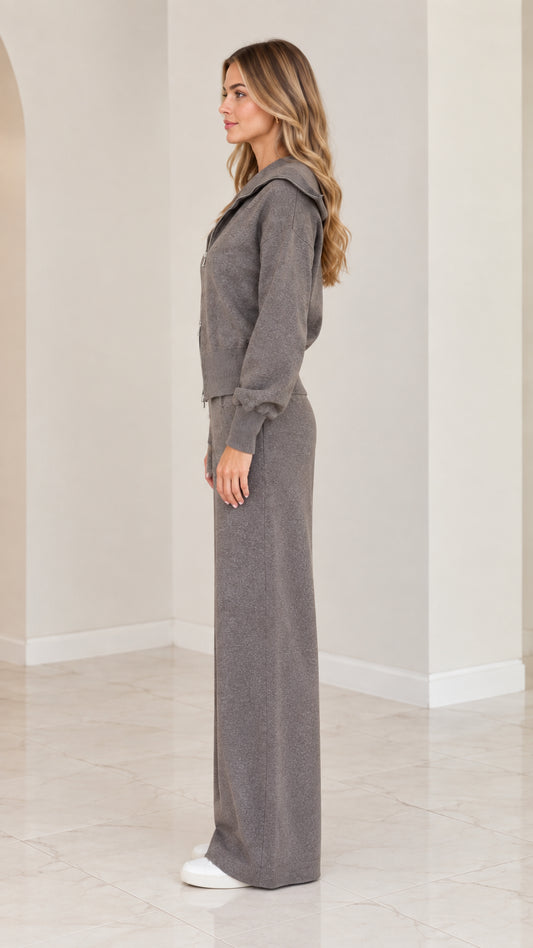 Side profile of woman wearing charcoal grey knit matching loungewear set
