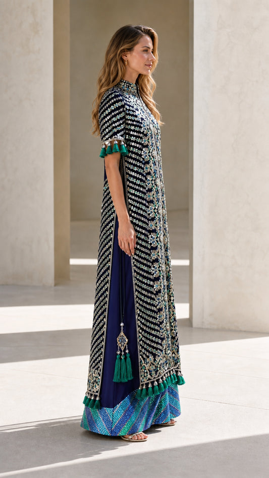 Navy Blue embroidered evening maxi dress side profile view