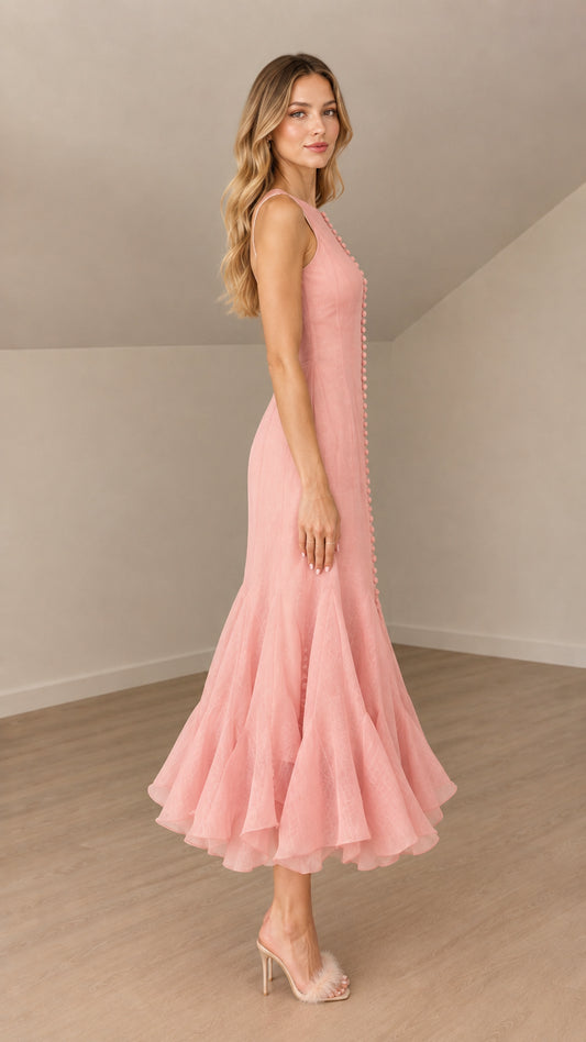 Side angle view of model in dusty pink tiered flounce midi dress
