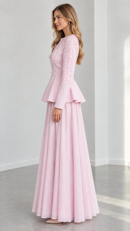 Blush Pink elegant long sleeve formal evening gown set side view