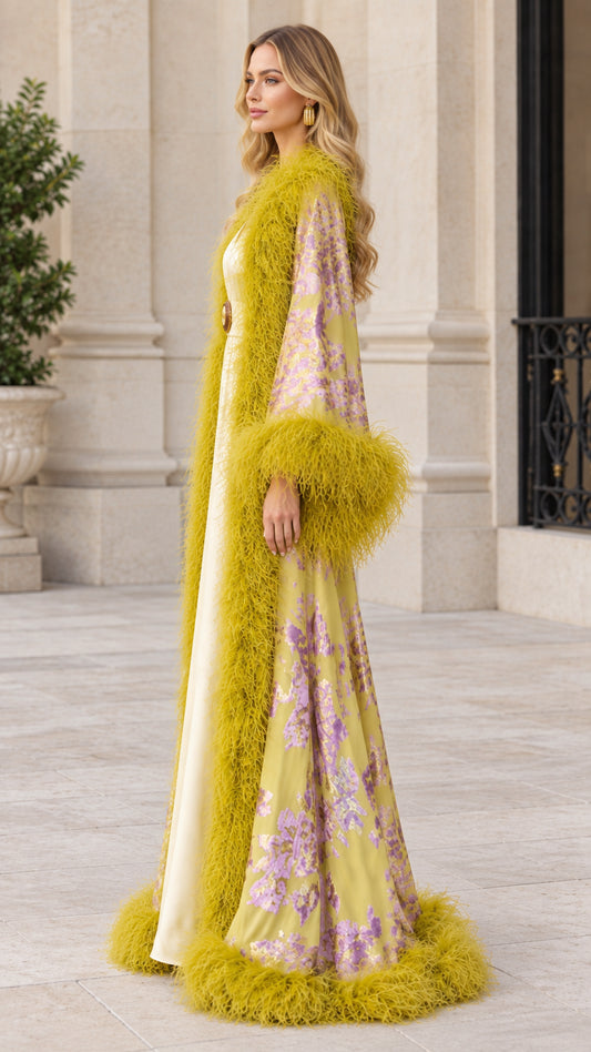 Side profile of chartreuse yellow floral jacquard evening robe with feather hem