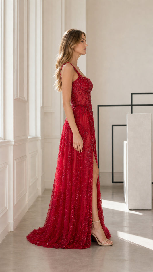 Side view of red beaded evening gown