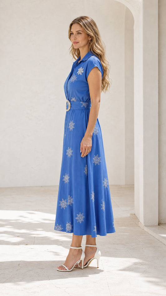 Side profile view of blue midi shirt dress