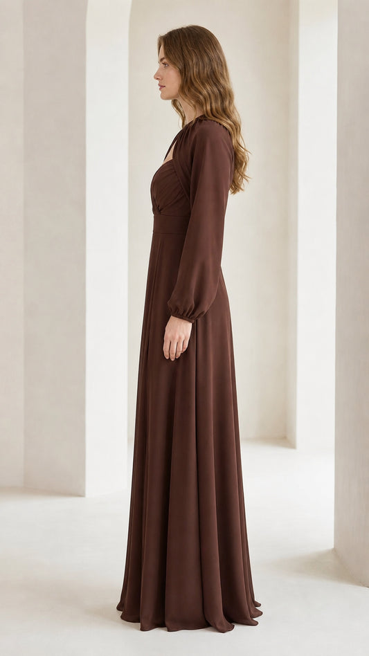 Side profile of brown evening maxi dress