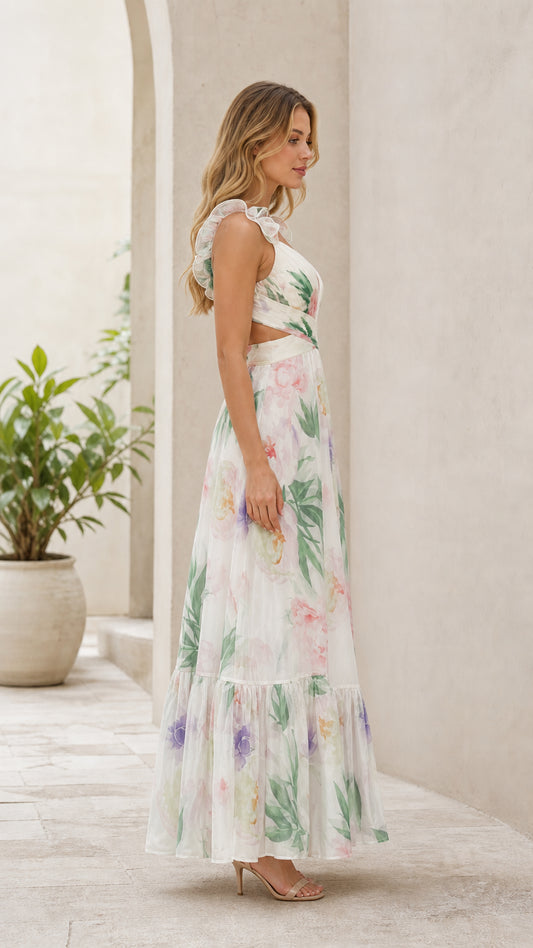 Side profile of white floral maxi dress
