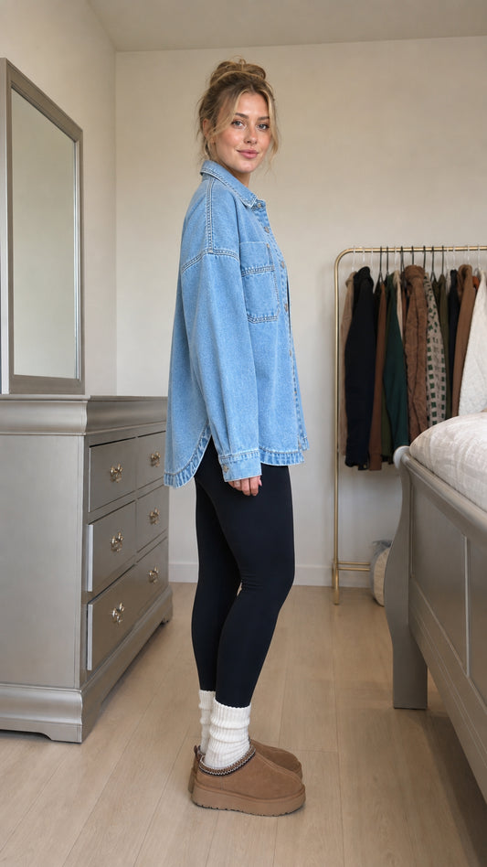 Side profile view of model in light blue denim shacket