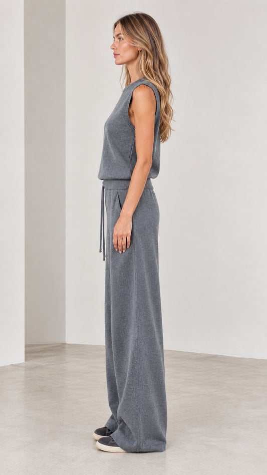 Side profile view of woman wearing Slate Grey two-piece knit lounge set