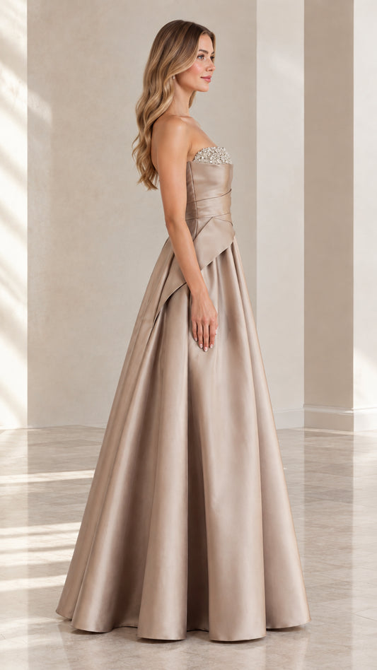 Champagne satin formal dress with draped waist side profile