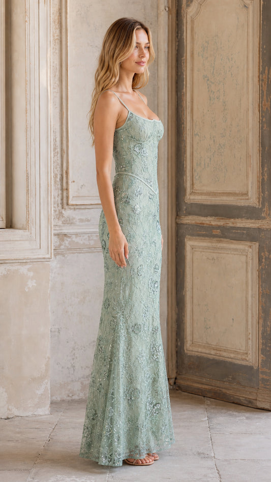Side profile view of Sage Green evening gown