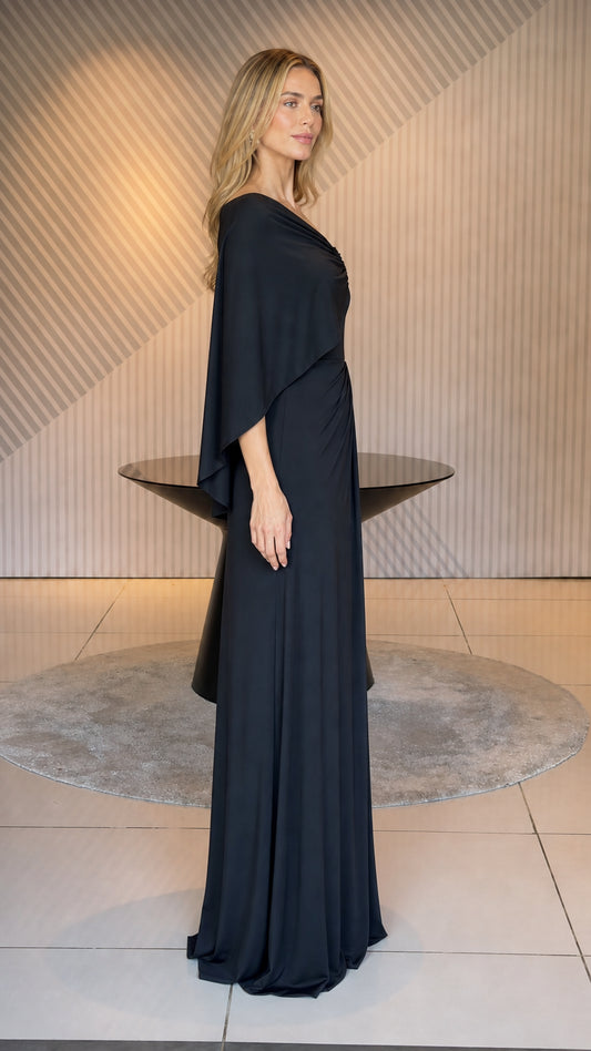 Side view of black one-shoulder evening dress