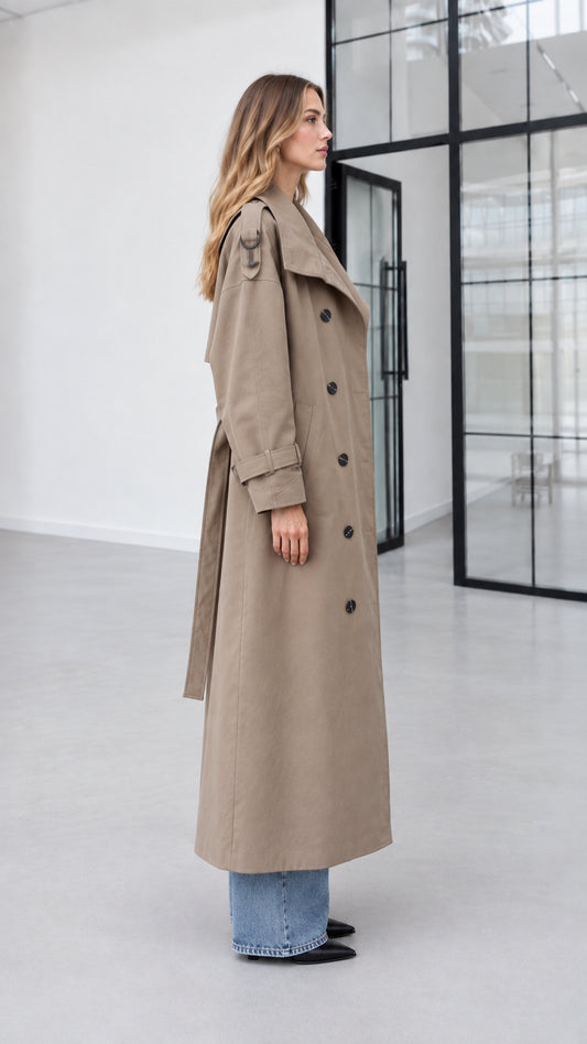 Side profile view of model wearing khaki long trench coat with waist belt