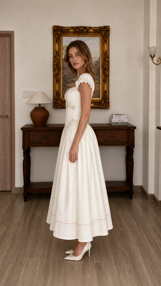 Vintage Romance Embroidered Corset Midi Dress in Cream side view