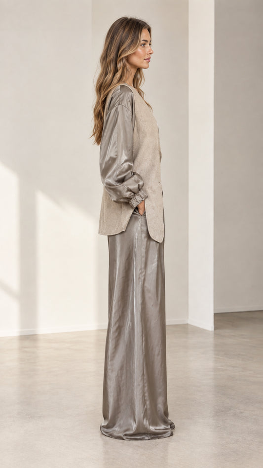 Side angle view of taupe two-piece satin and textured blazer pant set