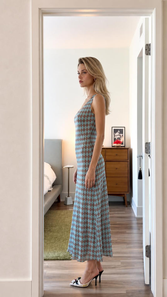 Side profile of model wearing blue argyle dress