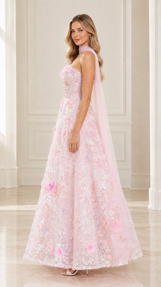 Side profile view of blush pink A-line floral embroidered formal dress with flowing scarf drape