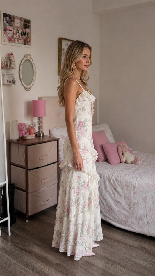 Side profile view of woman in white floral lace maxi dress