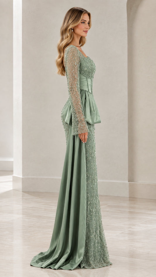 Side profile of sage green long sleeve formal gown showing cascading satin sash detail