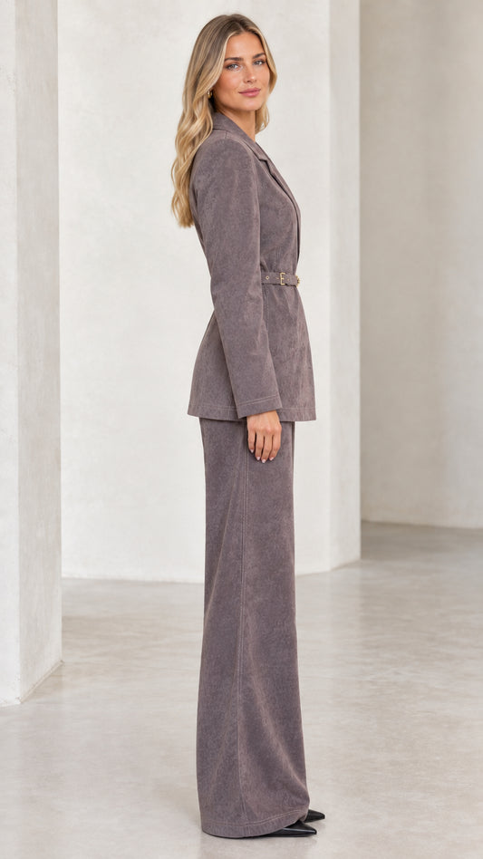 Side profile view of charcoal grey corduroy blazer and tailored wide leg trousers set