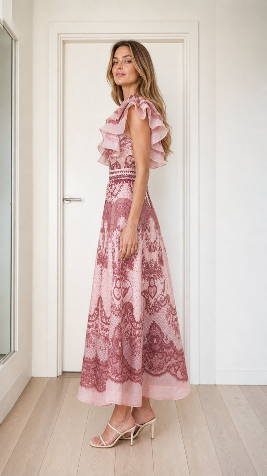 Pink ruffled midi dress side profile view