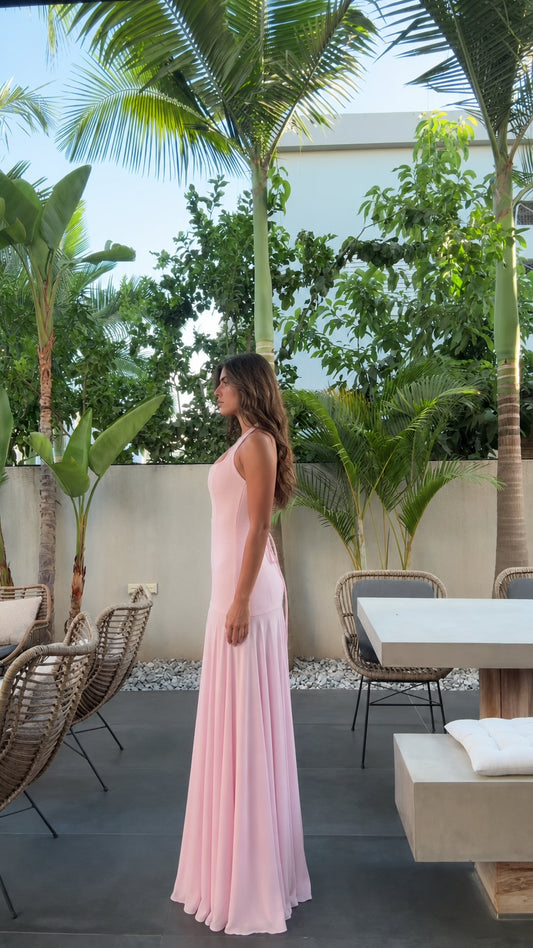 Side view of pink halter maxi dress