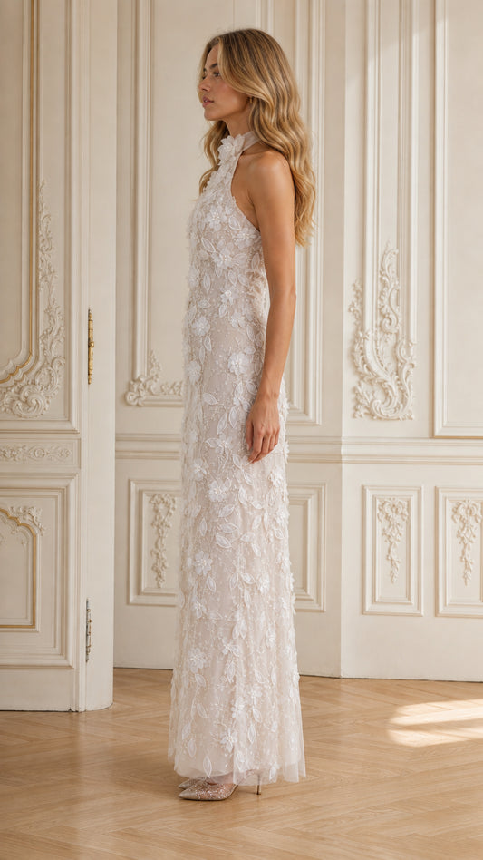Ivory halter neck formal evening gown side angle view