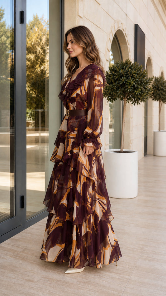 Side angle view of burgundy tiered ruffle maxi dress showing flowy silhouette