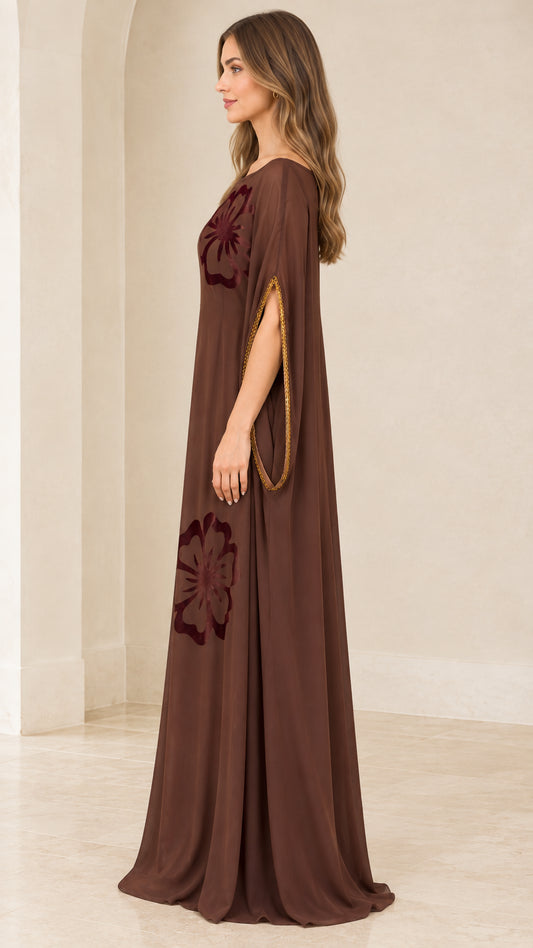 Side profile view of Chocolate Brown kaftan maxi gown showing draped sleeve design