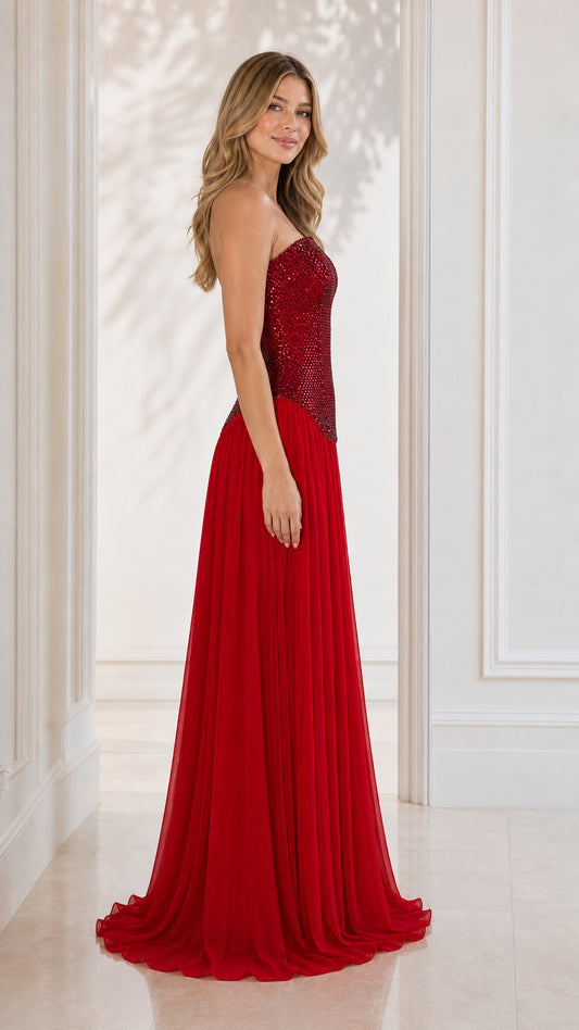 Side profile view of red evening dress