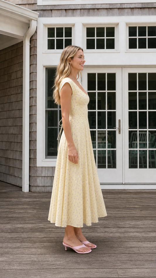 Side profile view of yellow floral midi dress