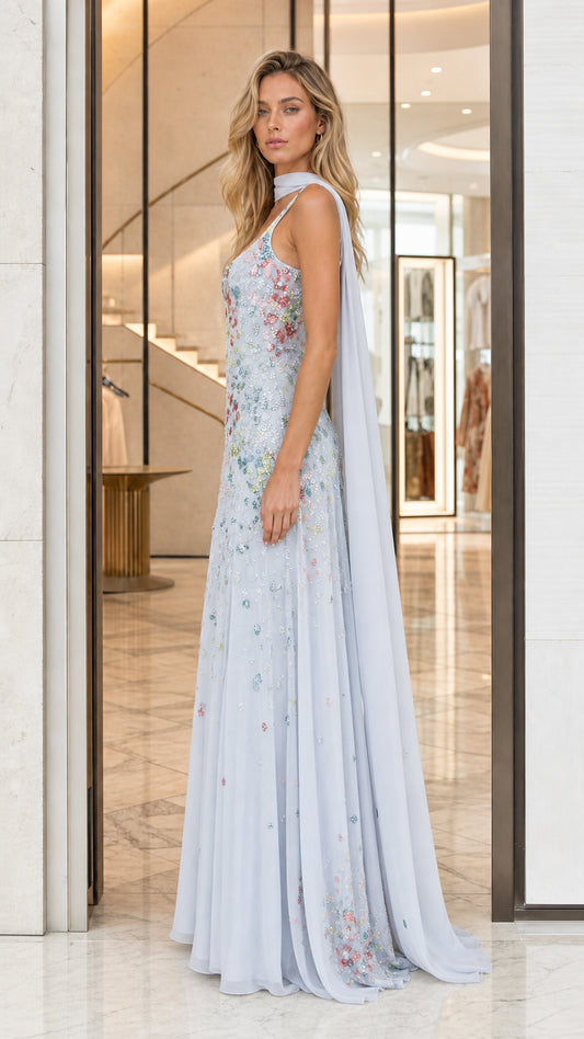 Light Blue Embellished Floral Applique Sleeveless Maxi Dress Side View