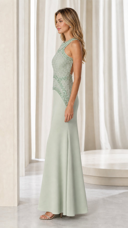 Side profile view of sage green evening gown