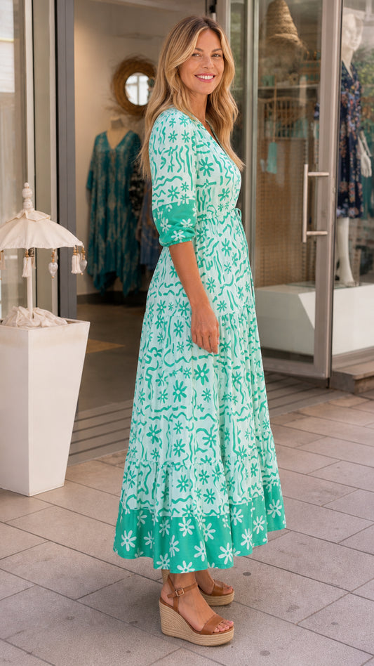 Side profile of mint green maxi dress