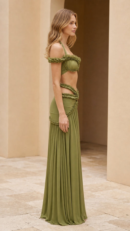 Side view of model in olive green two-piece maxi set
