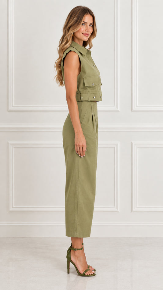 Side profile view of Olive Green cropped top and pleated cropped trousers set