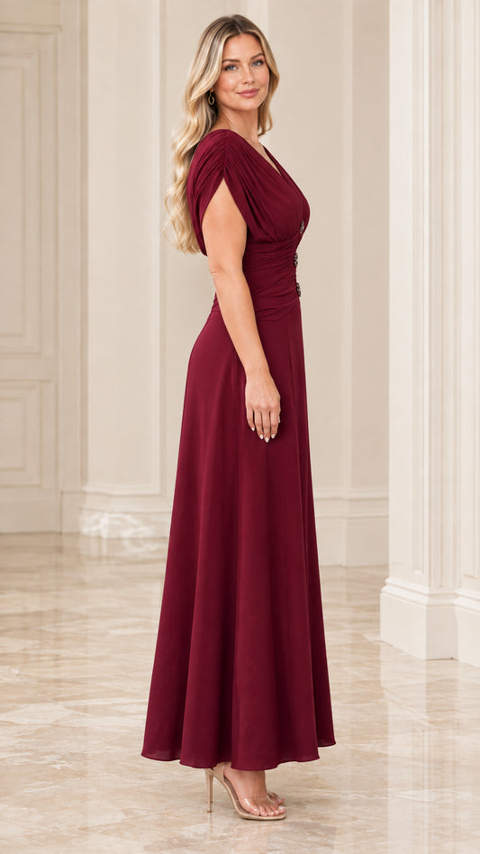 Side profile of elegant burgundy A-line formal maxi dress
