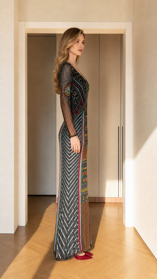 Side profile of black multicolor beaded floor-length formal gown