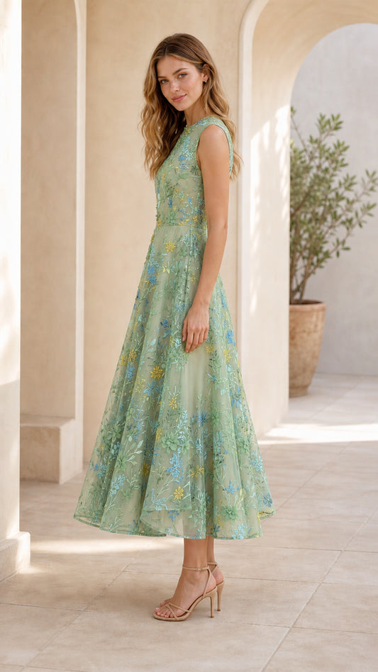 Sage green floral embroidered midi dress side view