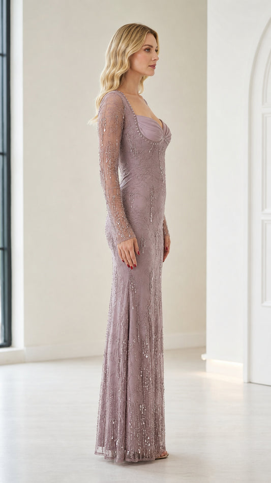 Side profile view of mauve evening dress