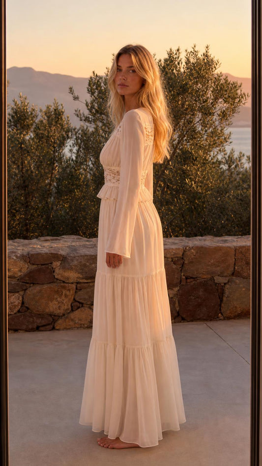 Side profile of Ivory boho lace trim maxi dress