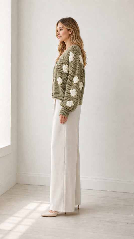 Side profile view of model wearing sage green flower appliqué cardigan sweater