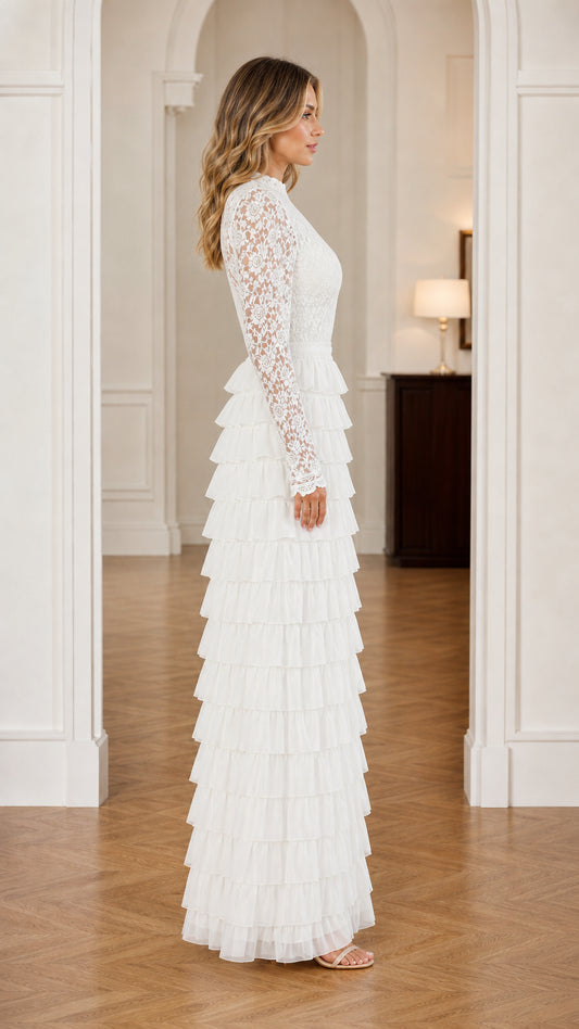 White lace long sleeve tiered formal gown side profile view
