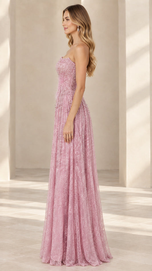 Dusty rose sequin formal dress side profile view