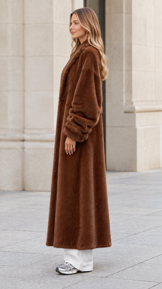 Side profile view of woman modeling chocolate brown maxi faux fur coat