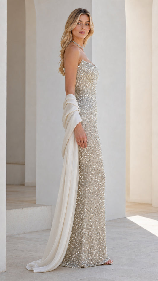 Side profile of champagne beaded evening gown
