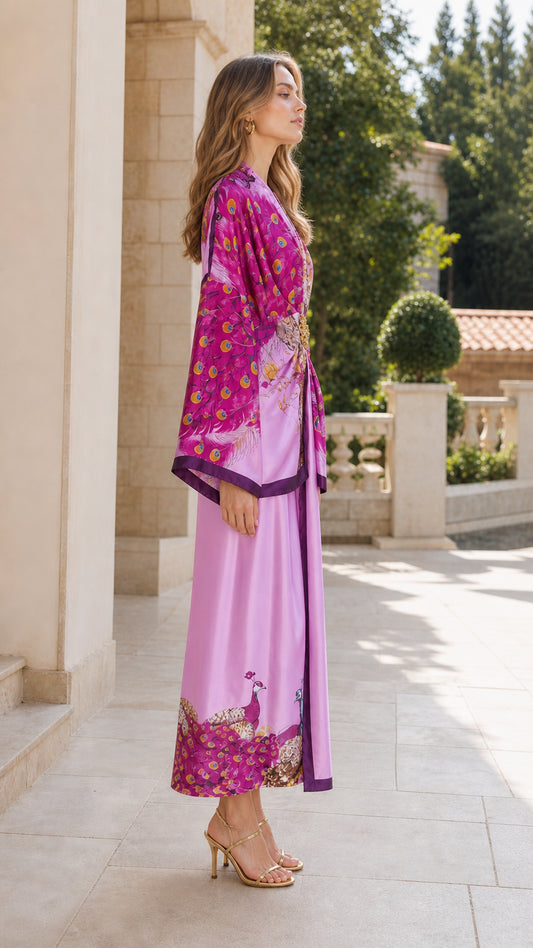 Side view of the lilac printed kimono outfit showing its flowing sleeve and full-length pants