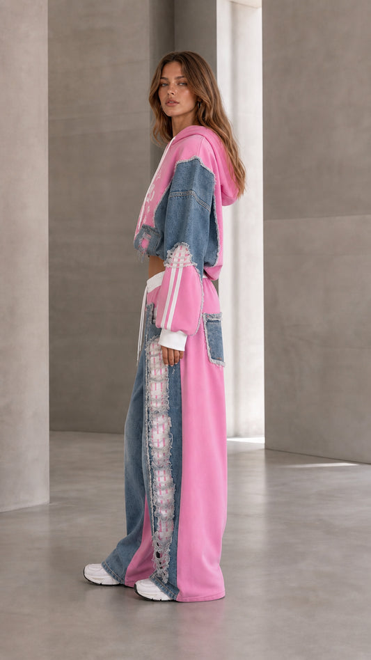 Side profile of pink denim patchwork cropped hoodie and pants set