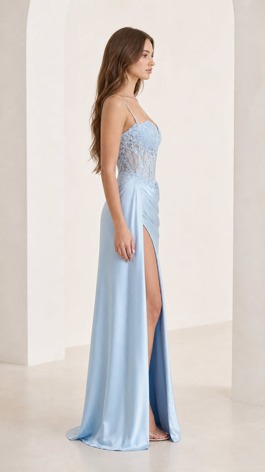 Side profile view of light blue formal dress