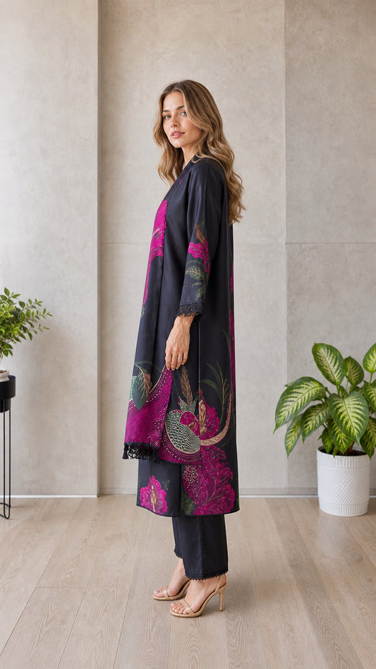 Model wearing black floral 3-piece cardigan set, side view