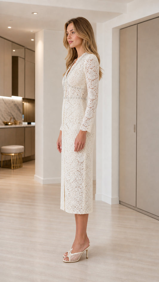 Side profile of woman in elegant cream-colored lace long sleeve dress